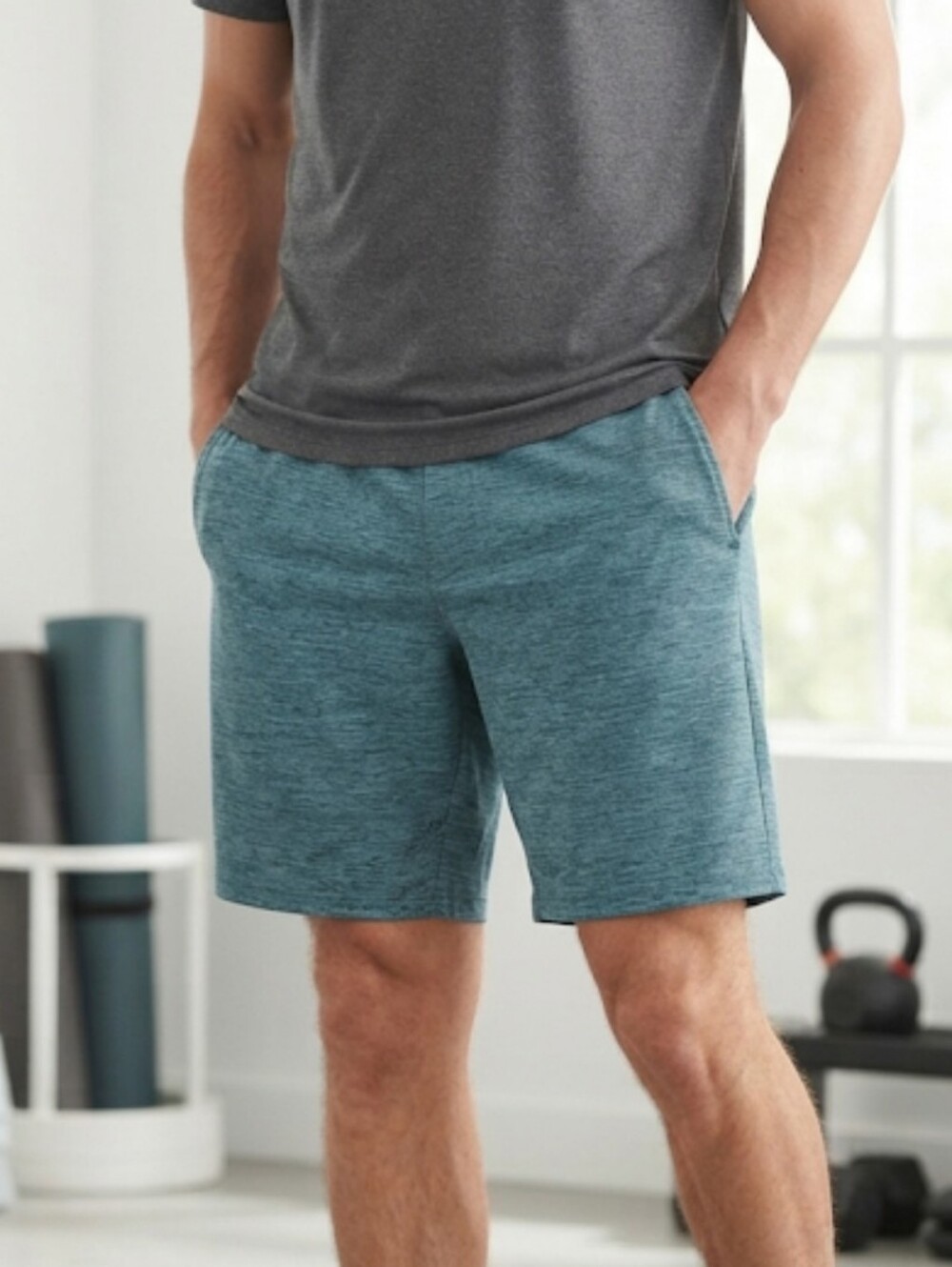 Men's All In Motion Soft Stretch Athletic Gym Shorts 9" Teal Heather Size Medium